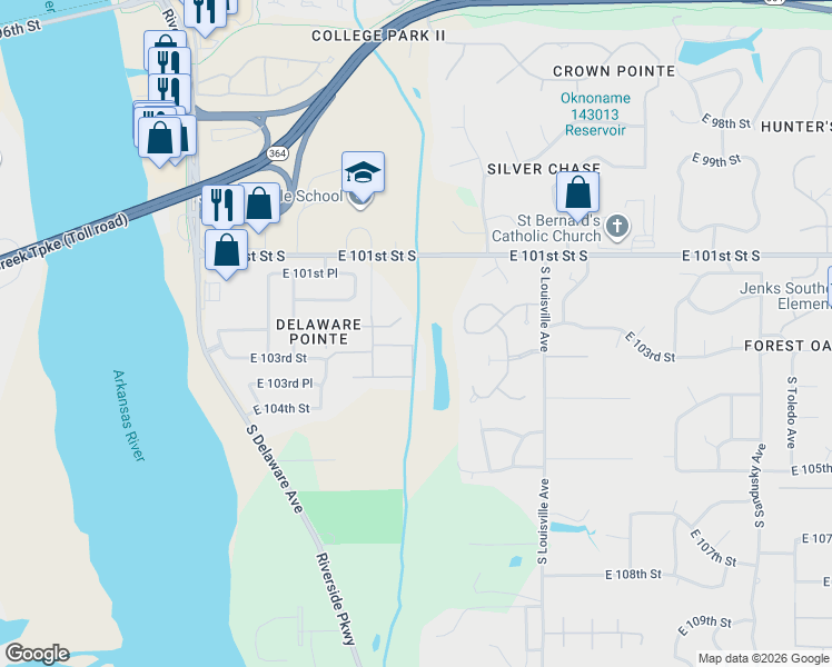 map of restaurants, bars, coffee shops, grocery stores, and more near 10309 South Gary Place in Tulsa