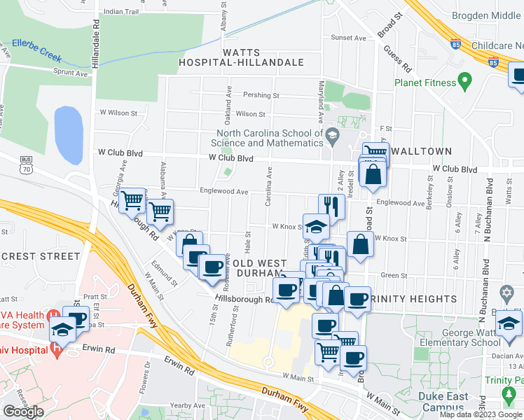 map of restaurants, bars, coffee shops, grocery stores, and more near 1021 Carolina Avenue in Durham