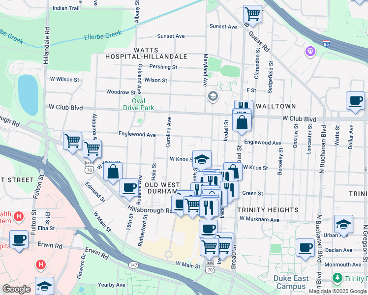 map of restaurants, bars, coffee shops, grocery stores, and more near 1010 Virgie Street in Durham