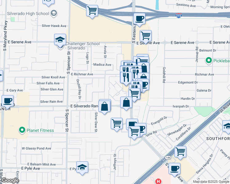 map of restaurants, bars, coffee shops, grocery stores, and more near 2300 East Silverado Ranch Boulevard in Las Vegas