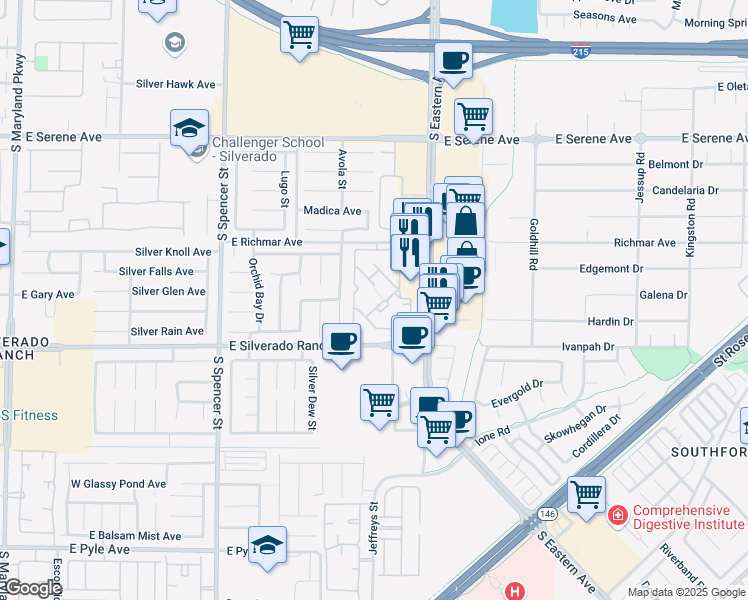 map of restaurants, bars, coffee shops, grocery stores, and more near 2300 East Silverado Ranch Boulevard in Las Vegas