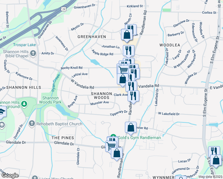 map of restaurants, bars, coffee shops, grocery stores, and more near 419 West Vandalia Road in Greensboro