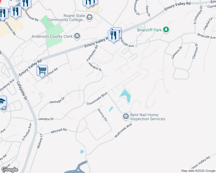 map of restaurants, bars, coffee shops, grocery stores, and more near 123 Crossroads Boulevard in Oak Ridge