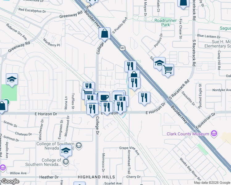 map of restaurants, bars, coffee shops, grocery stores, and more near 768 Lawrence Drive in Henderson