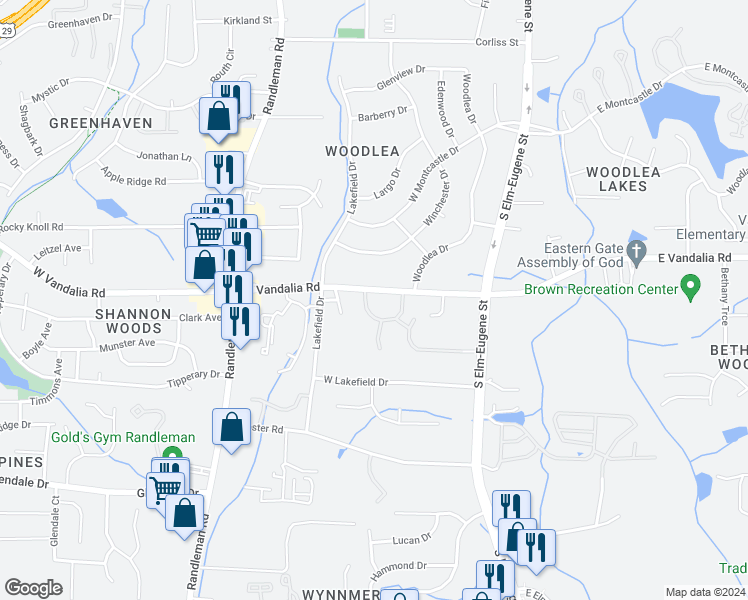 map of restaurants, bars, coffee shops, grocery stores, and more near 207 West Vandalia Road in Greensboro