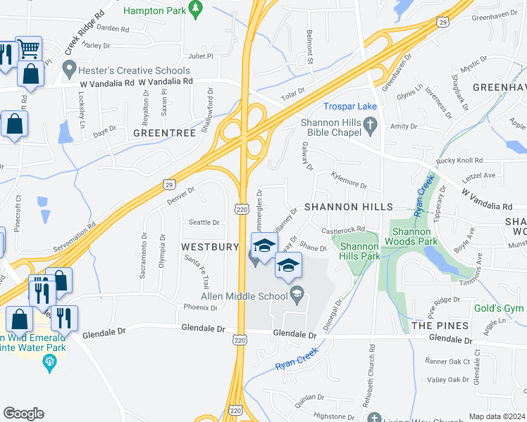 map of restaurants, bars, coffee shops, grocery stores, and more near 4117 Summerglen Drive in Greensboro