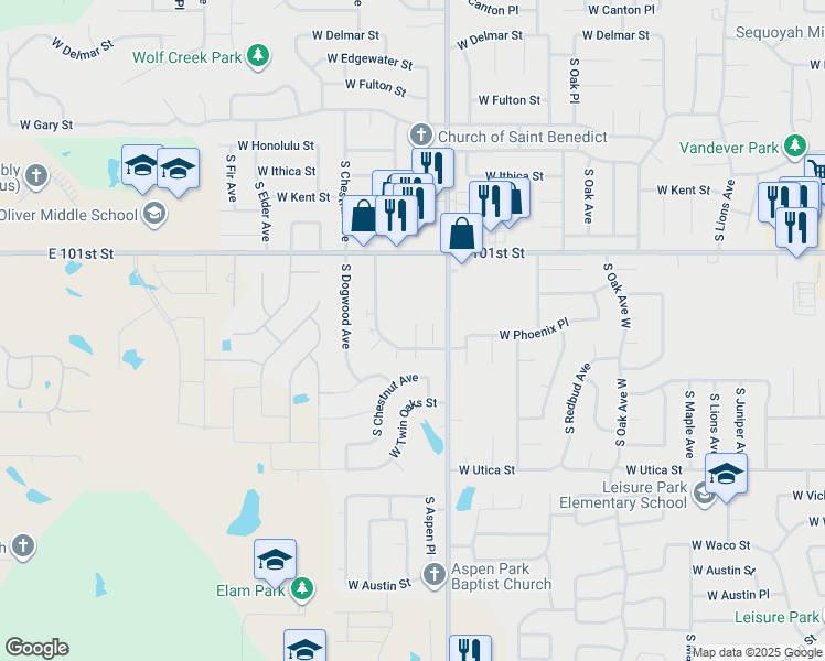 map of restaurants, bars, coffee shops, grocery stores, and more near 2304 West Quantico Street in Broken Arrow