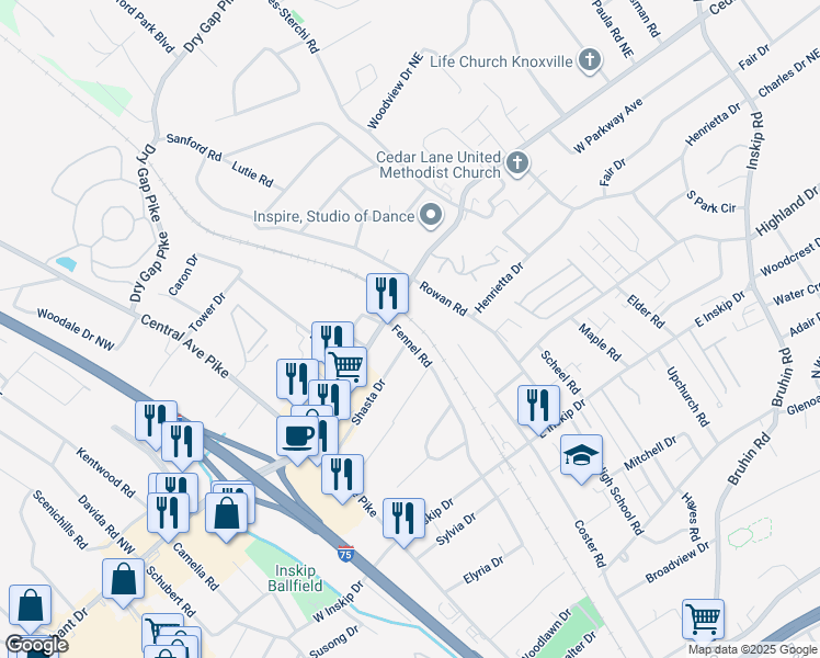 map of restaurants, bars, coffee shops, grocery stores, and more near 5130 Fennel Road in Knoxville