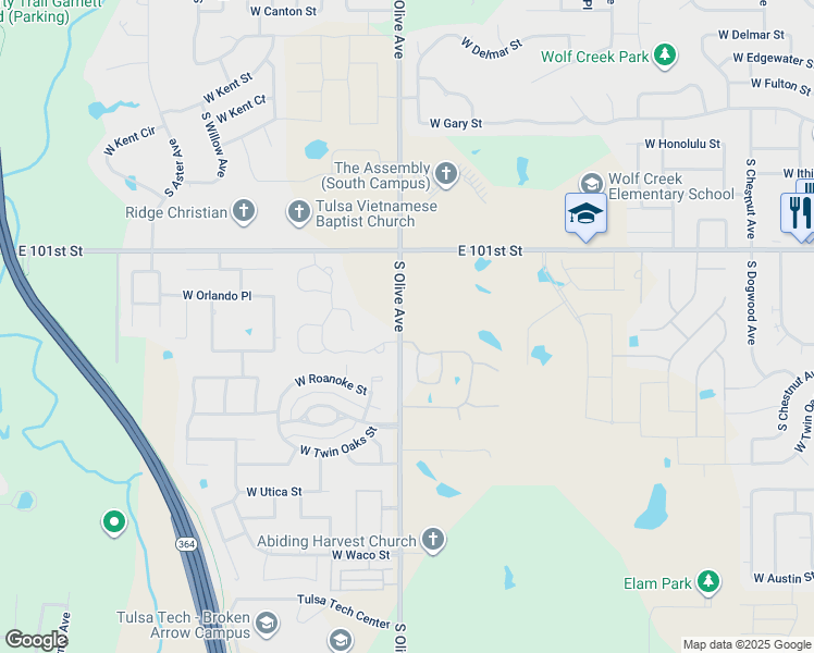 map of restaurants, bars, coffee shops, grocery stores, and more near 5935 South 129th East Avenue in Broken Arrow