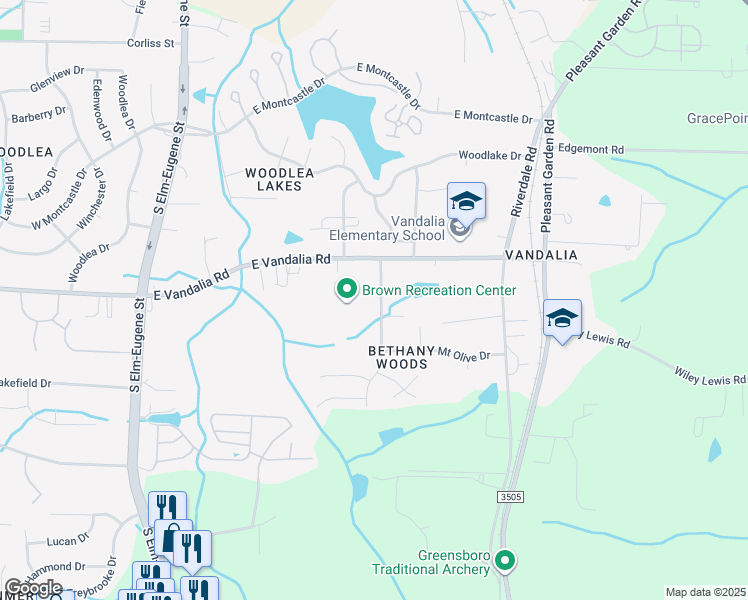 map of restaurants, bars, coffee shops, grocery stores, and more near 3512 Bethany Trce in Greensboro