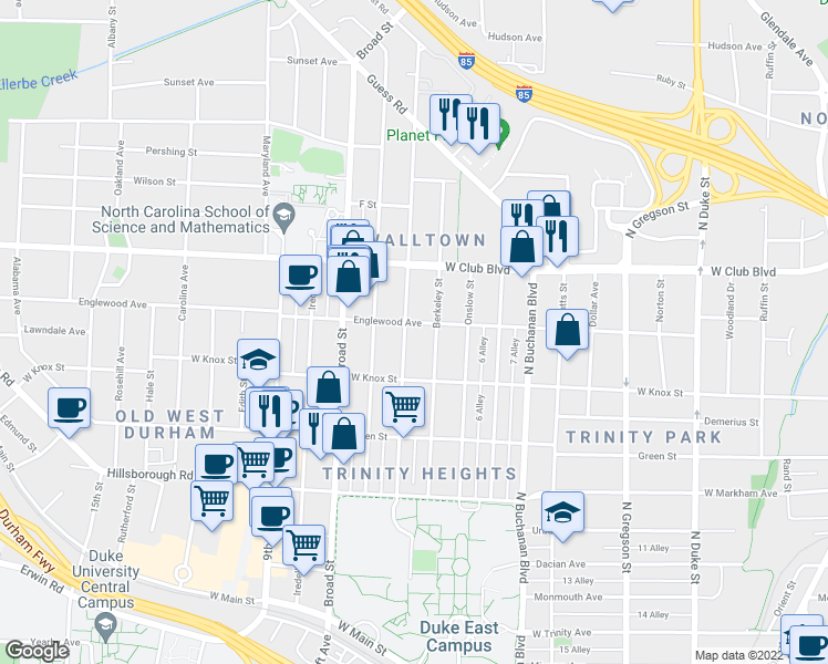 map of restaurants, bars, coffee shops, grocery stores, and more near 1022 Sedgefield Street in Durham