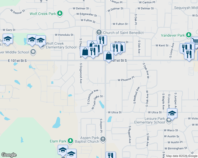 map of restaurants, bars, coffee shops, grocery stores, and more near 2242 West Quantico Street in Broken Arrow