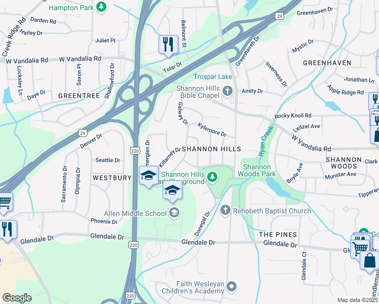 map of restaurants, bars, coffee shops, grocery stores, and more near 4015 Donegal Drive in Greensboro