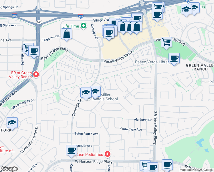 map of restaurants, bars, coffee shops, grocery stores, and more near 281 Queen Creek Circle in Henderson