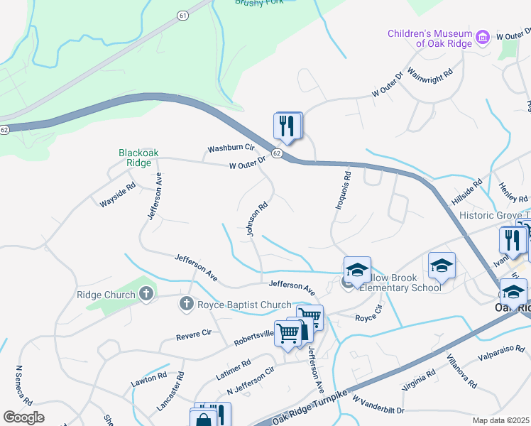 map of restaurants, bars, coffee shops, grocery stores, and more near 152 Johnson Road in Oak Ridge