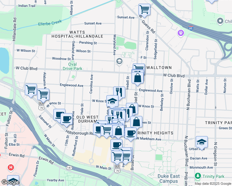 map of restaurants, bars, coffee shops, grocery stores, and more near 1019 9th Street in Durham
