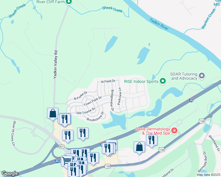 map of restaurants, bars, coffee shops, grocery stores, and more near 223 Bridgewater Drive in Advance
