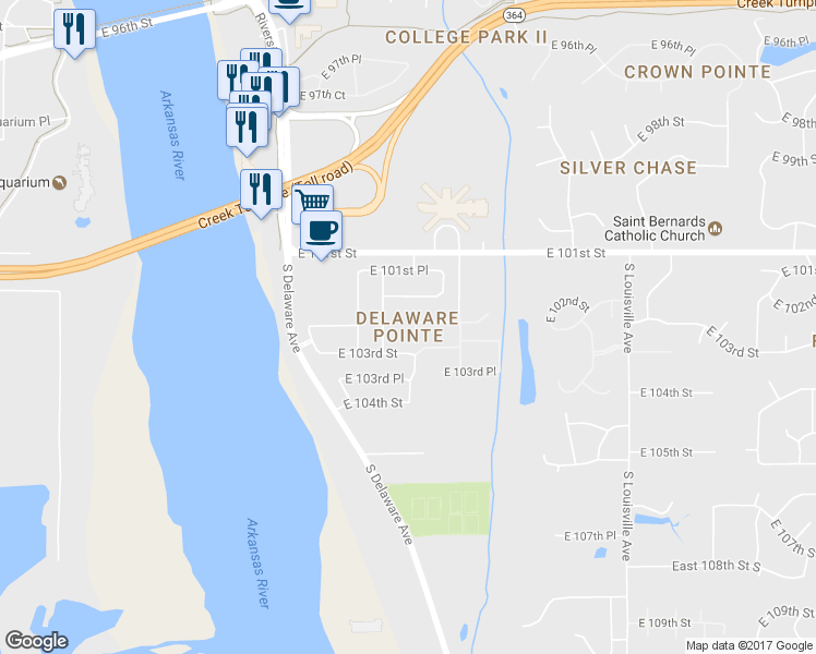 map of restaurants, bars, coffee shops, grocery stores, and more near 10206 South College Avenue in Tulsa