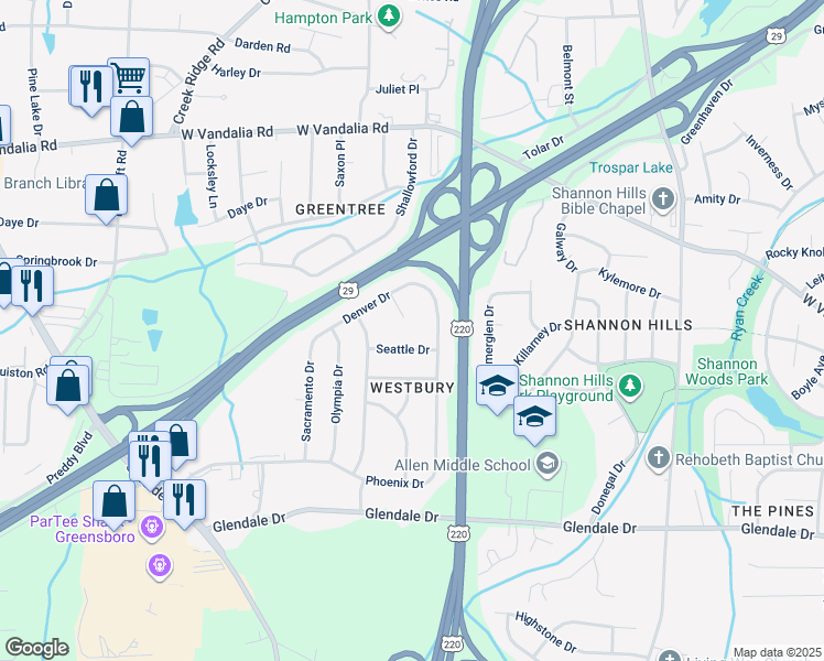 map of restaurants, bars, coffee shops, grocery stores, and more near 4111 Flagstaff Ct in Greensboro