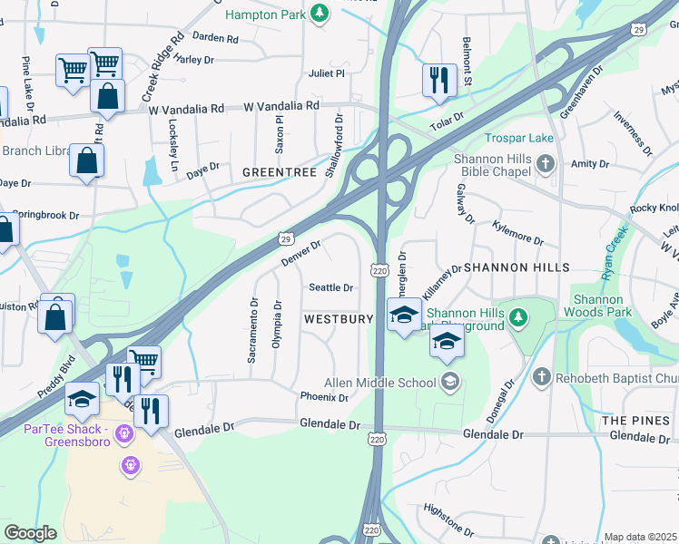map of restaurants, bars, coffee shops, grocery stores, and more near 4111 Flagstaff Ct in Greensboro