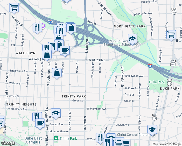 map of restaurants, bars, coffee shops, grocery stores, and more near 1425 Woodland Drive in Durham