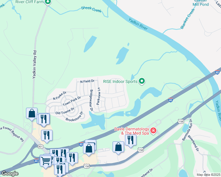 map of restaurants, bars, coffee shops, grocery stores, and more near 116 Kilbourne Drive in Bermuda Run