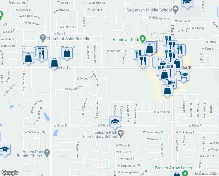 map of restaurants, bars, coffee shops, grocery stores, and more near 3805 South Narcissus Avenue in Broken Arrow