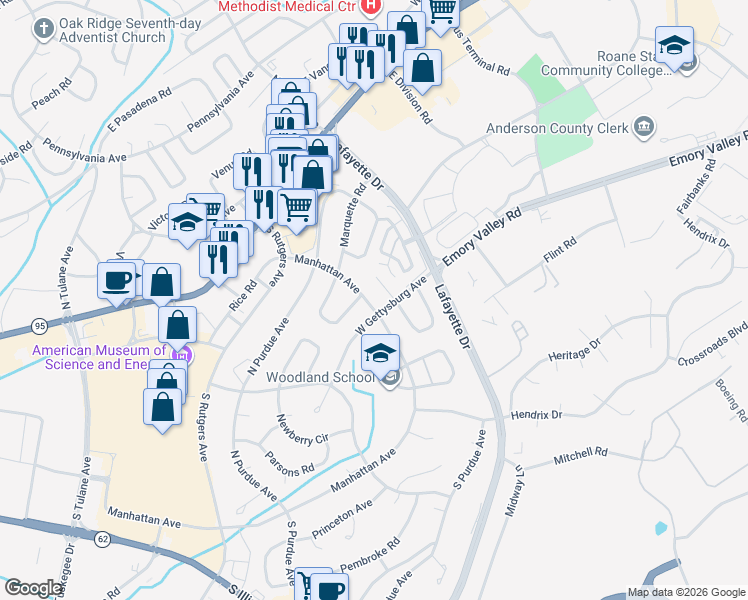 map of restaurants, bars, coffee shops, grocery stores, and more near 143 Manhattan Avenue in Oak Ridge