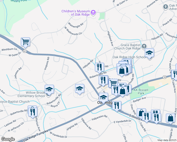 map of restaurants, bars, coffee shops, grocery stores, and more near 104 Hickory Place in Oak Ridge
