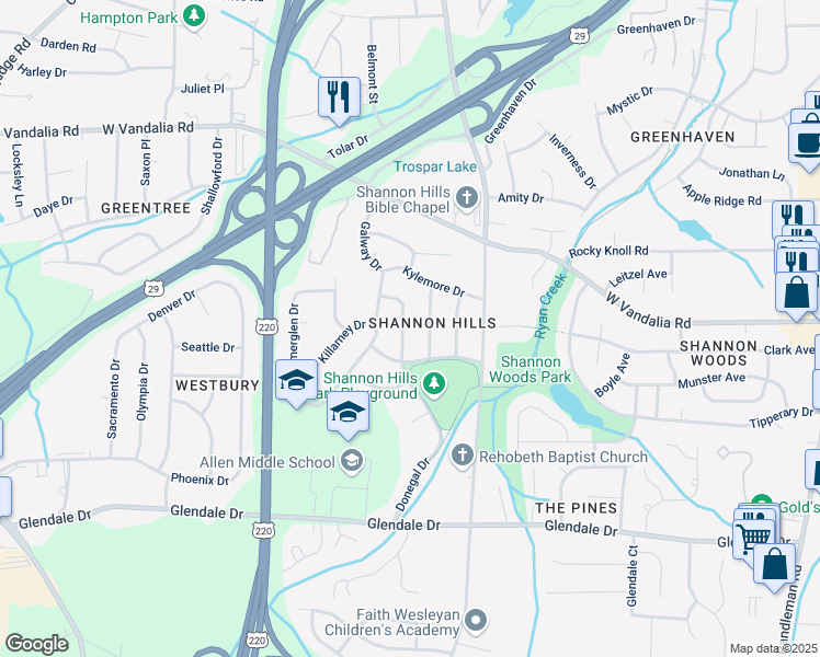 map of restaurants, bars, coffee shops, grocery stores, and more near 4015 Donegal Drive in Greensboro