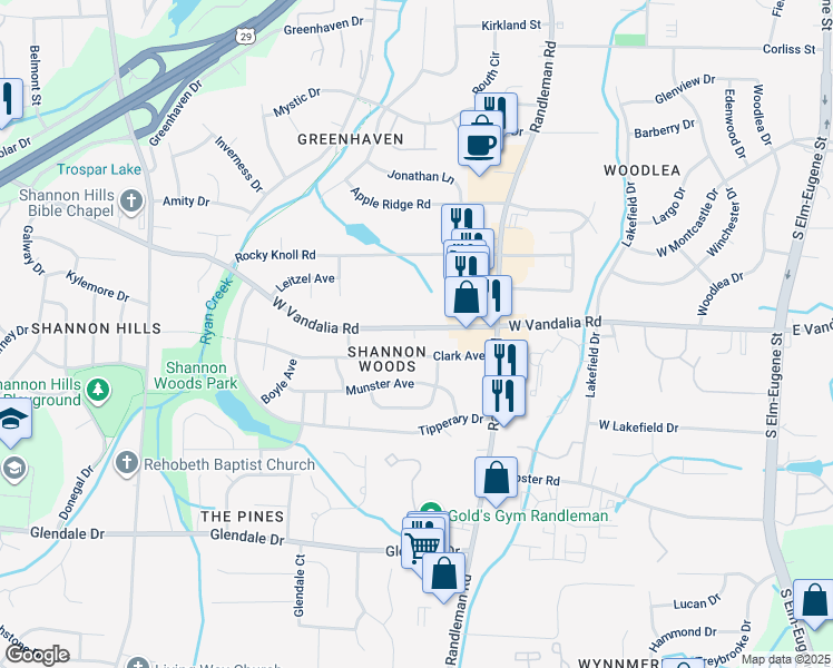 map of restaurants, bars, coffee shops, grocery stores, and more near 419 West Vandalia Road in Greensboro