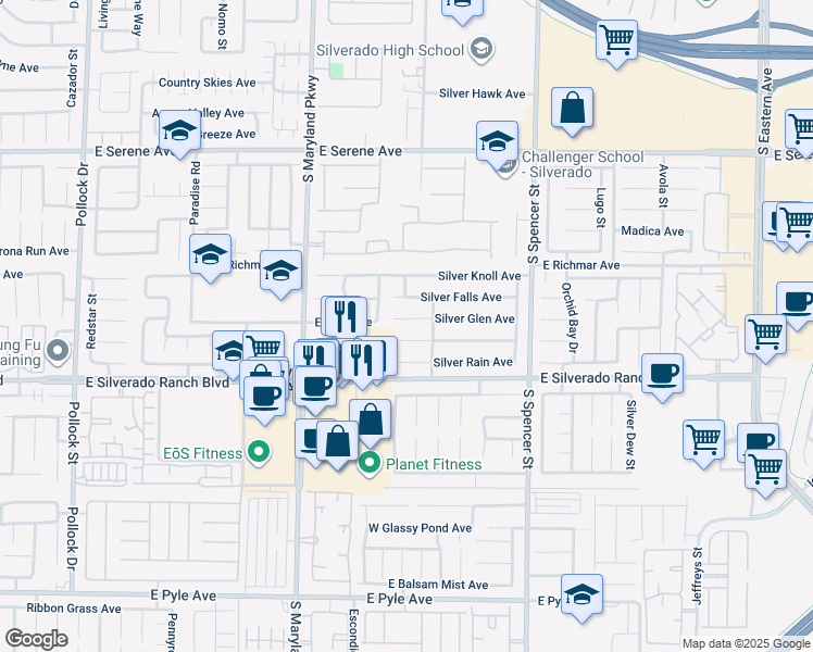 map of restaurants, bars, coffee shops, grocery stores, and more near 1469 Silver Glen Avenue in Las Vegas
