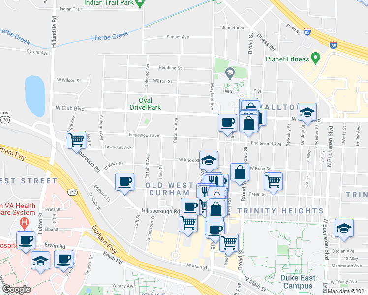 map of restaurants, bars, coffee shops, grocery stores, and more near 1012 Virgie Street in Durham