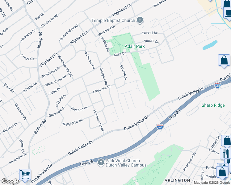 map of restaurants, bars, coffee shops, grocery stores, and more near 4402 Estonia Drive in Knoxville