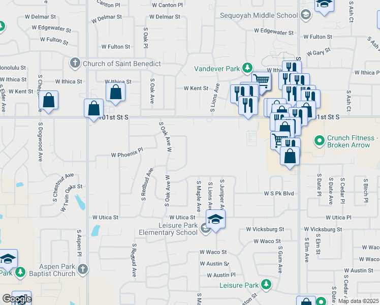 map of restaurants, bars, coffee shops, grocery stores, and more near 3805 South Narcissus Avenue in Broken Arrow