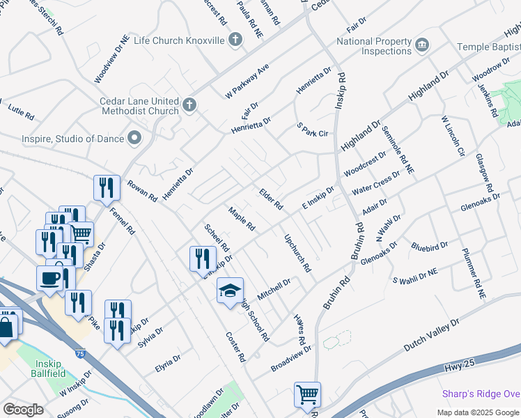map of restaurants, bars, coffee shops, grocery stores, and more near 4805 Moonlight Meadow Way in Knoxville