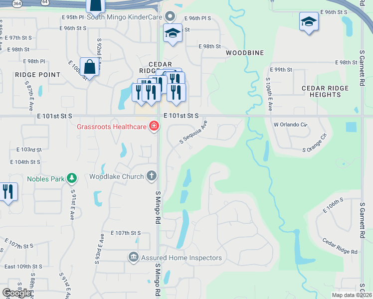 map of restaurants, bars, coffee shops, grocery stores, and more near 3817 South Yellow Pine Avenue in Broken Arrow