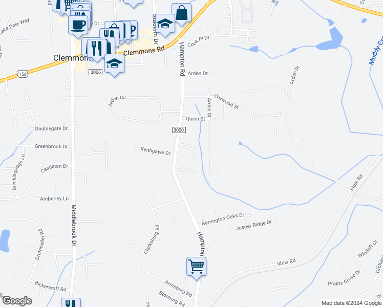 map of restaurants, bars, coffee shops, grocery stores, and more near 6130 Hanes Way in Clemmons
