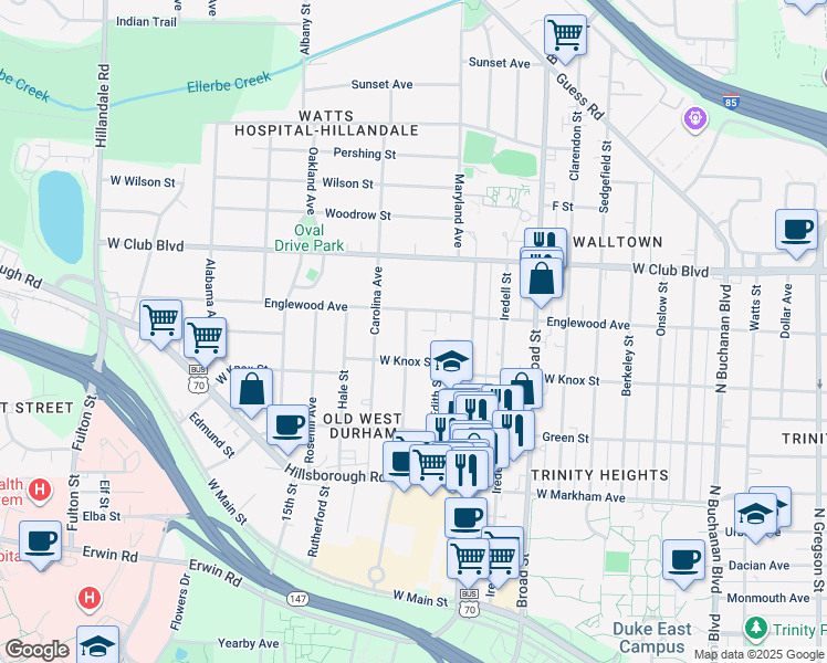 map of restaurants, bars, coffee shops, grocery stores, and more near 1012 Virgie Street in Durham