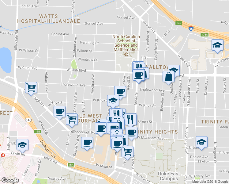 map of restaurants, bars, coffee shops, grocery stores, and more near 1017 9th Street in Durham