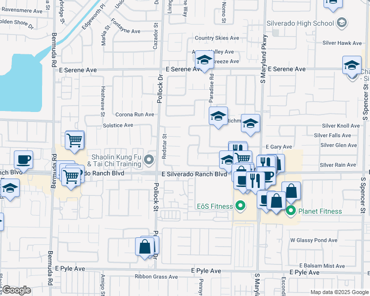 map of restaurants, bars, coffee shops, grocery stores, and more near 9609 Crystal Ridge Road in Las Vegas