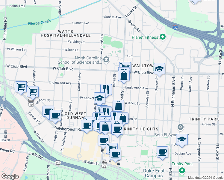 map of restaurants, bars, coffee shops, grocery stores, and more near 1019 Iredell Street in Durham