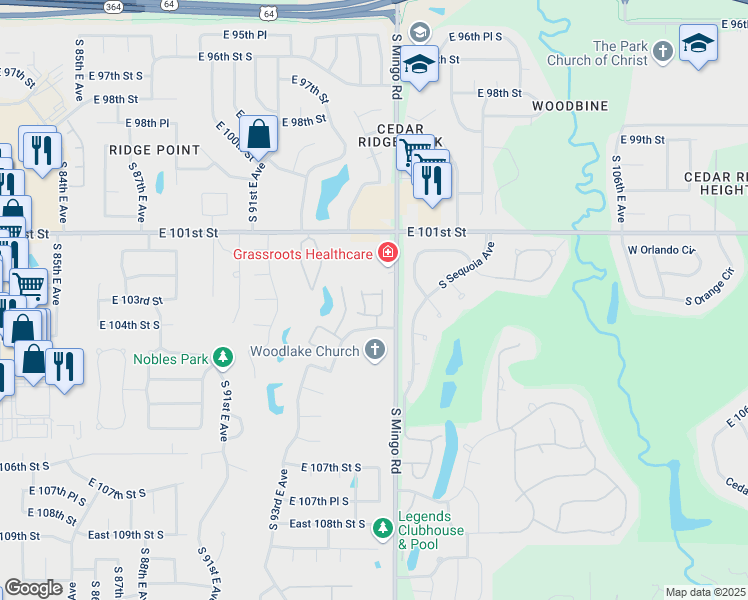map of restaurants, bars, coffee shops, grocery stores, and more near 9622 E 102nd Pl in Tulsa