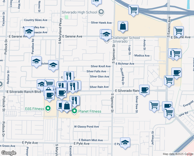 map of restaurants, bars, coffee shops, grocery stores, and more near 1619 Silver Glen Avenue in Las Vegas