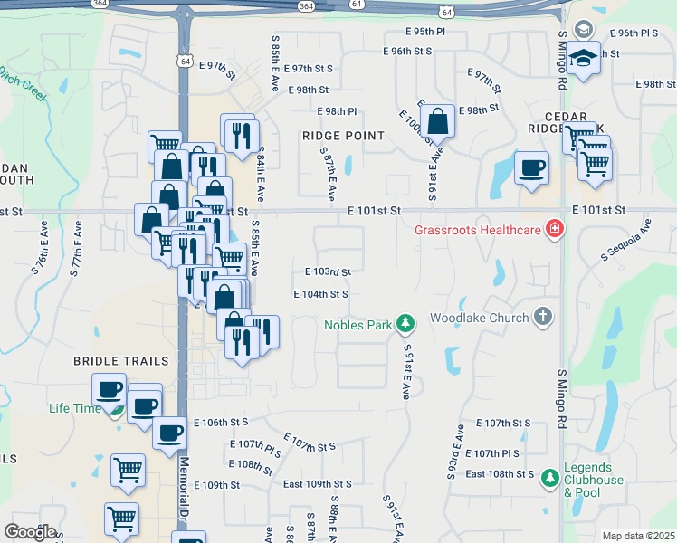 map of restaurants, bars, coffee shops, grocery stores, and more near 8667 East 103rd Street South in Tulsa