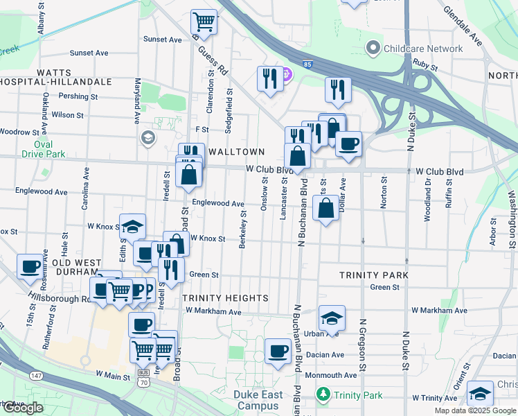map of restaurants, bars, coffee shops, grocery stores, and more near 1023 Onslow Street in Durham