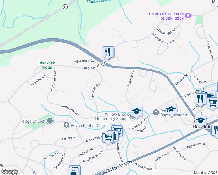 map of restaurants, bars, coffee shops, grocery stores, and more near 116 Jellico Lane in Oak Ridge