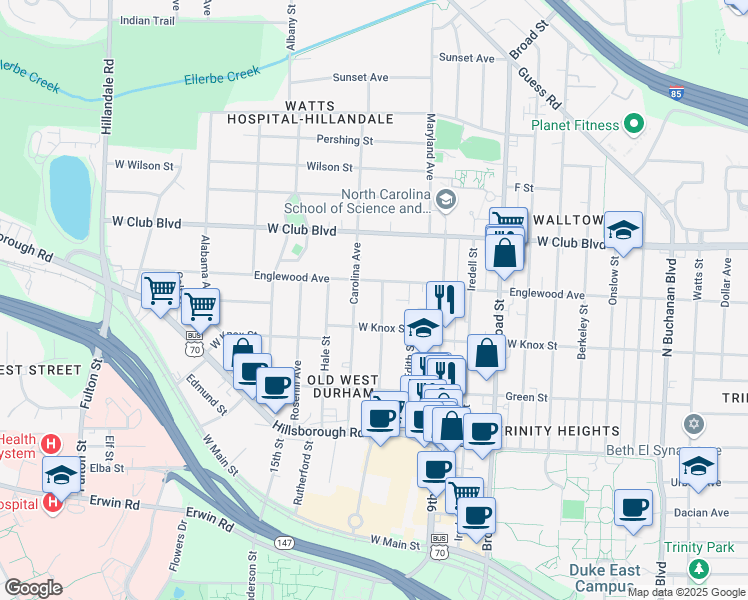 map of restaurants, bars, coffee shops, grocery stores, and more near 1011 Virgie Street in Durham