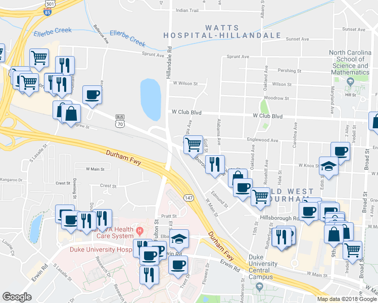 map of restaurants, bars, coffee shops, grocery stores, and more near 2905 Hillsborough Rd in Durham