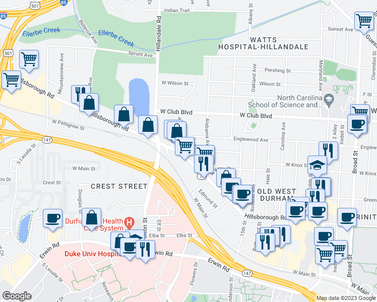 map of restaurants, bars, coffee shops, grocery stores, and more near 2804 Lawndale Avenue in Durham